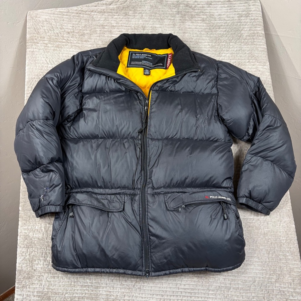 Polo Jeans Co Ralph Lauren Mens XL Puffer Jacket Black Yellow Down Fill Ripstop